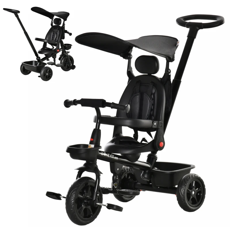 Qaba Tricycle for Toddler 4 in 1 Kids Trike with Reversible Adjustable Seat, Baby Push Bike with Removable Handle, Flat Canopy, Belt Storage Brake Clutch for 1-5 Years, Black