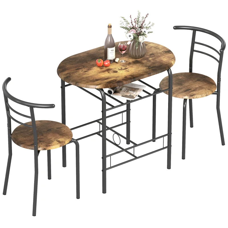 HOMCOM Dining Table Set of 3, Kitchen Table and Chairs Set for 2 with Shelf, Living Room Rustic Brown