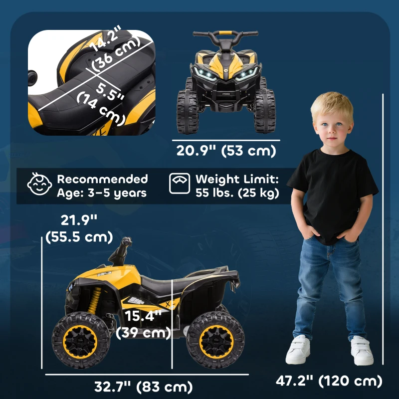 Aosom Kids 4 Wheeler Quad with Music, Headlights, High & Low Speed, Kids ATV for 3-5 Years Old Boys & Girl, Yellow