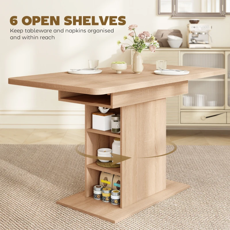 HOMCOM Extendable Dining Table for 4-6 People, 43.3"-51.2" Kitchen Table with 6 Open Shelves, Natural Wood