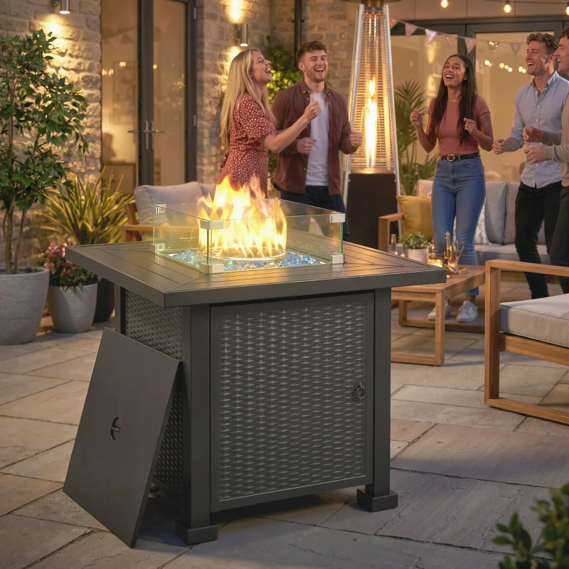 Outsunny 32" Propane Gas Fire Pit Table, 50,000 BTU Square Patio Table with Fire Pit, Wind Guard, Lid, CSA Certified, Black