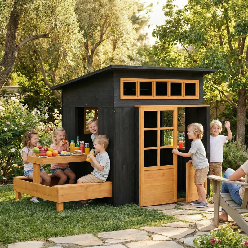 Qaba Outdoor Playhouse, Wooden Kids Playhouse w/ Picnic Table & Benches, Chalkboards, Half Door, Windows, for Kids Ages 3-8