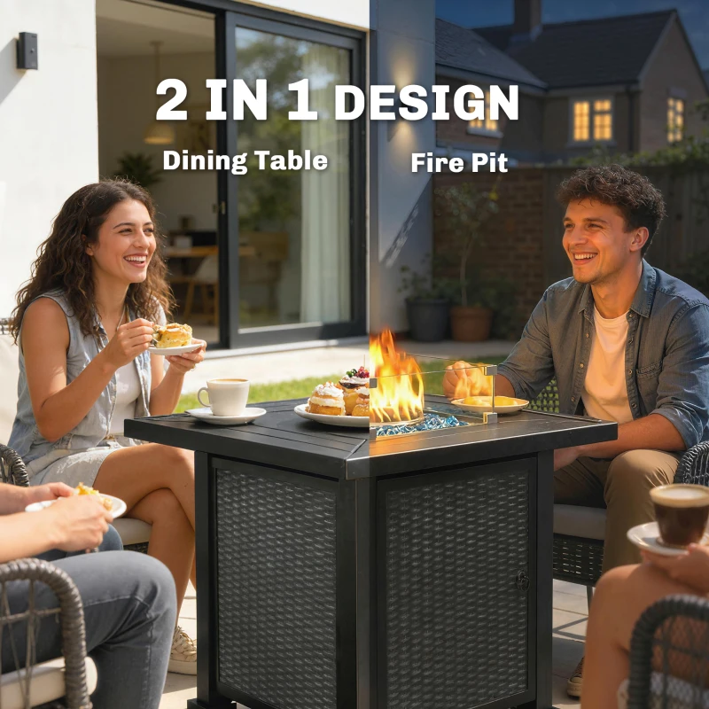 Outsunny 32" Propane Gas Fire Pit Table, 50,000 BTU Square Patio Table with Fire Pit, Wind Guard, Lid, CSA Certified, Black