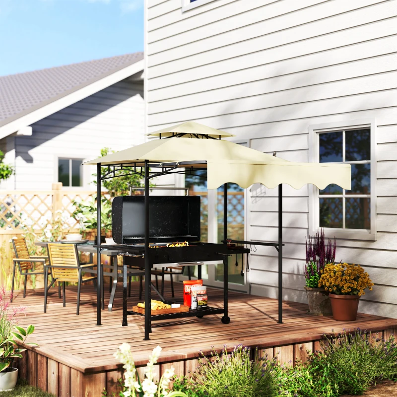 Outsunny 8' x 7.6' Grill Gazebo, Double Tiered Barbecue Grill Gazebo Shelter w/ Side Awning, 2 Side Shelves, 6 Hooks, Beige