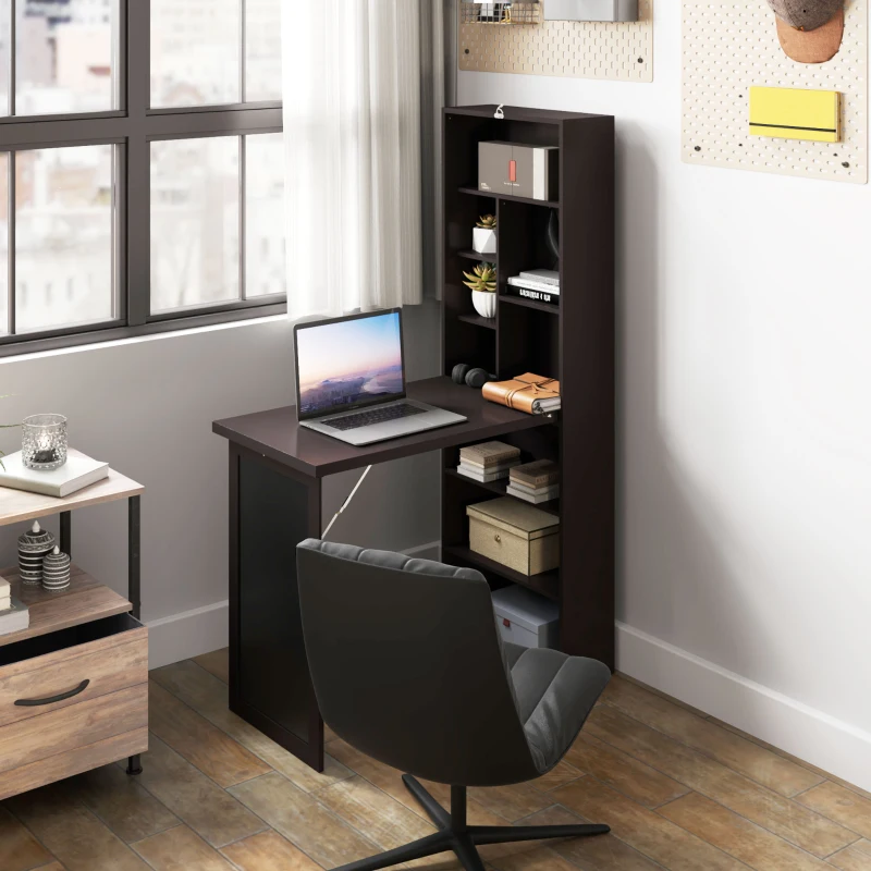HOMCOM Fold-out Convertible Office Desk, Wall Mount Computer Desk with Blackboard and Side Shelf, Brown