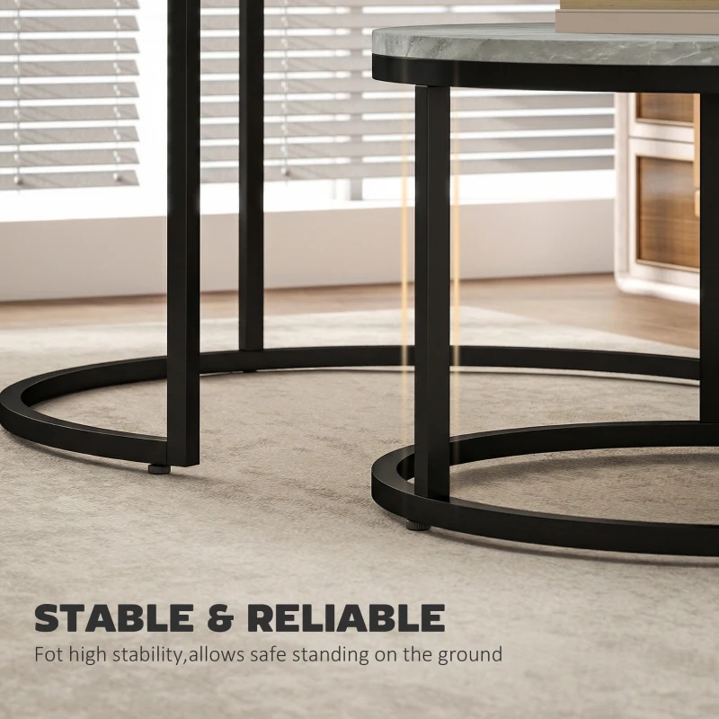HOMCOM Modern Coffee Table Set of 2, Nesting Side Tables w/ Metal Base for Living Room Bedroom Office Marble Grey