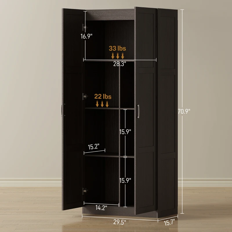 HOMCOM Farmhouse Pantry Cabinet, 71" Tall Kitchen Pantry Storage Cabinet with Soft-Close Hinges, Adjustable Shelves, Dark Brown