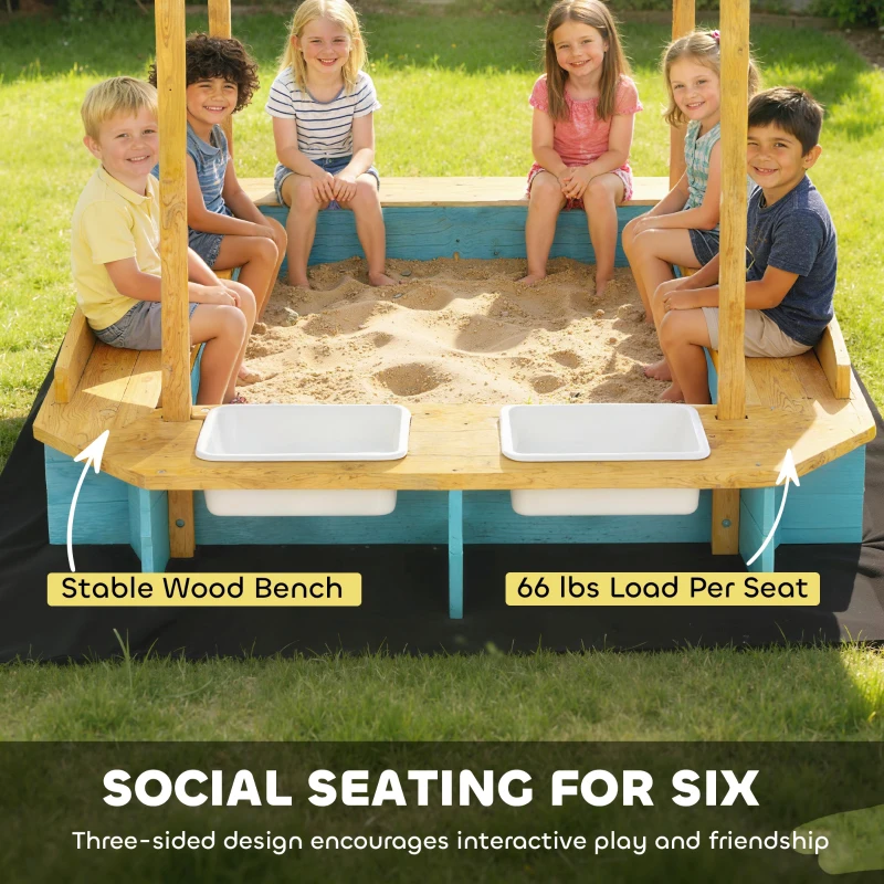 Qaba Wooden Sandbox with Dinosaur Print Canopy Kids Sandbox Outdoor with Bench Seats & 2 Storage Bins