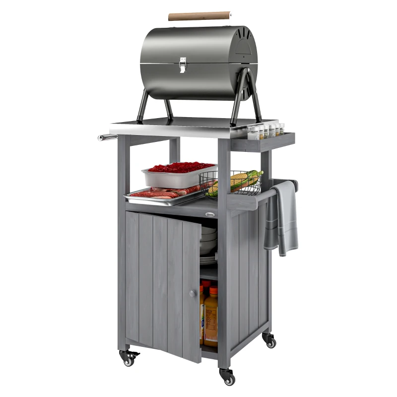 Outsunny Grill Table with Stainless Steel Top, Pizza Oven Table with Storage Cabinet, Spice Rack, Wheels, Handle, Dark Grey