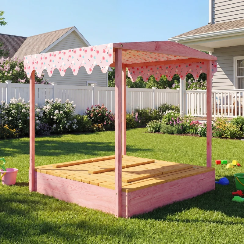 Qaba Wooden Sandbox with Cover, Kids Sandbox Outdoor with Seat, Bottom Liner, Canopy for Ages 3-6, Flamingos Print, Pink