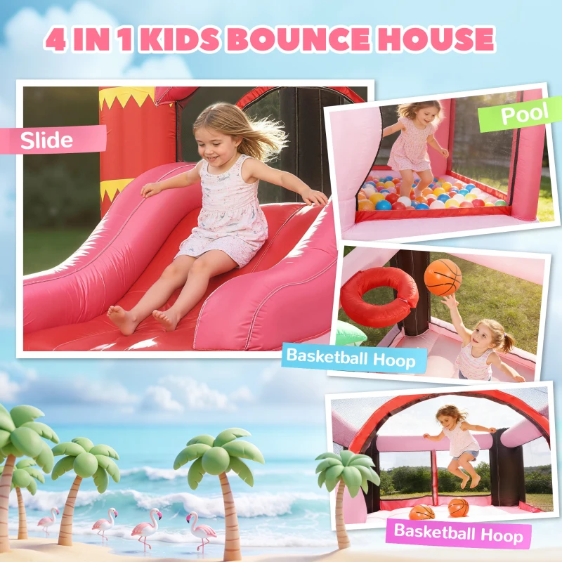 Qaba Inflatable Bounce House with Ball Pool, Basketball Hoop, Jumping Bouncy Castle with Blower for Indoor Outdoor, Pink