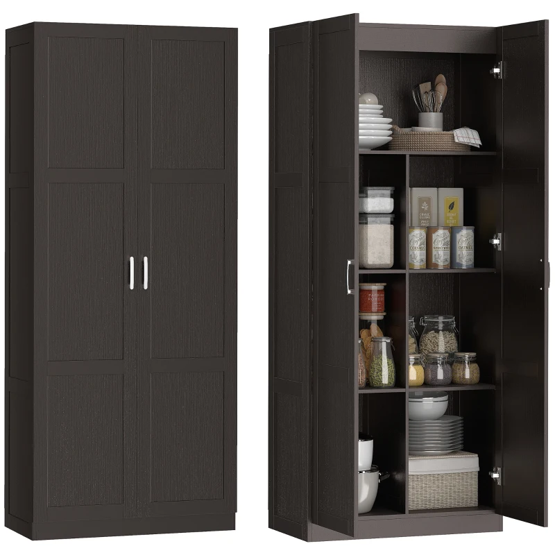 HOMCOM Farmhouse Pantry Cabinet, 71" Tall Kitchen Pantry Storage Cabinet with Soft-Close Hinges, Adjustable Shelves, Dark Brown