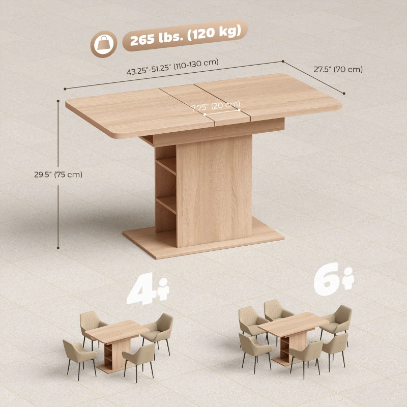 HOMCOM Extendable Dining Table for 4-6 People, 43.3"-51.2" Kitchen Table with 6 Open Shelves, Natural Wood