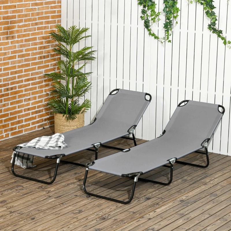Outsunny 2 Pieces Pool Chaise Lounge Chairs, Folding Lounge Chairs with 5-Level Reclining Back, Steel Frame, Dark Gray