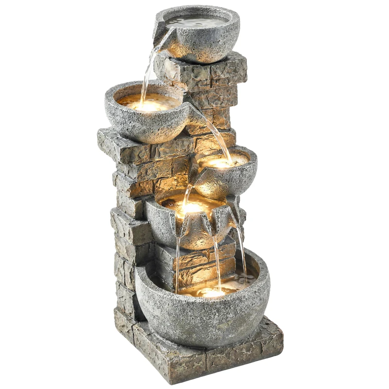 Outsunny Outdoor 31.5" Tall Water Fountain with LED Lights, 5 Tiers Cascading Water Feature for Garden Patio Home Decor, Grey