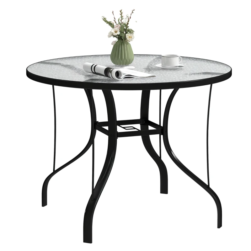 Outsunny 38" Round Patio Table with Umbrella Hole, Tempered Glass Outdoor Dining Table, Black