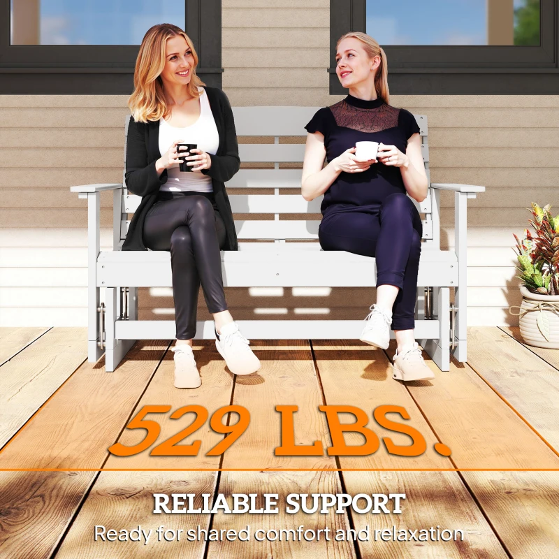 Outsunny Patio Glider Bench w/ HDPE Slatted Double Rocking Chair, White