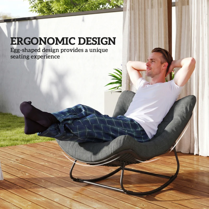 Outsunny Outdoor Rocking Chair, Oversized Patio Egg Chair with Padded Cushion, Rattan Wicker for Indoor, Backyard, Dark Grey