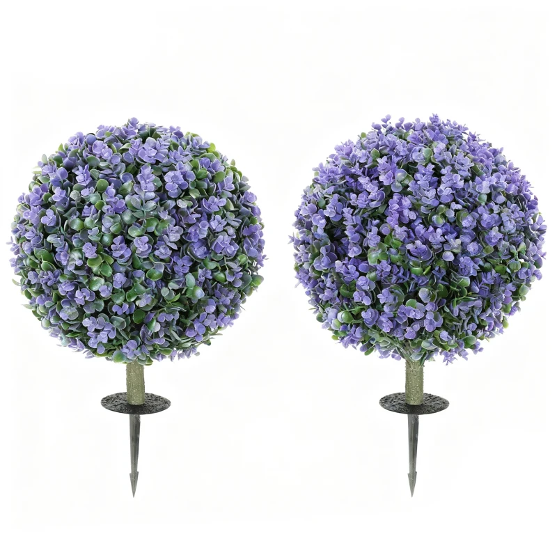 HOMCOM 2 Pack 1.3ft Artificial Ball Eucalyptus Topiary with Ground Stake, UV Resistant Faux Greenery for Indoor Outdoor
