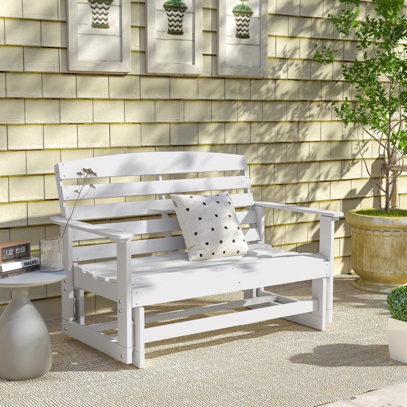 Outsunny Patio Glider Bench w/ HDPE Slatted Double Rocking Chair, White