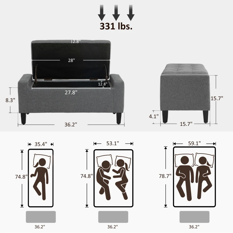 HOMCOM 36" Ottoman with Storage, Storage Ottoman Bench with Lift Top and Rubberwood Legs, Linen Upholstered Entryway Bench with Seating for Living Room, Bedroom, Holds up to 330 lb, Gray