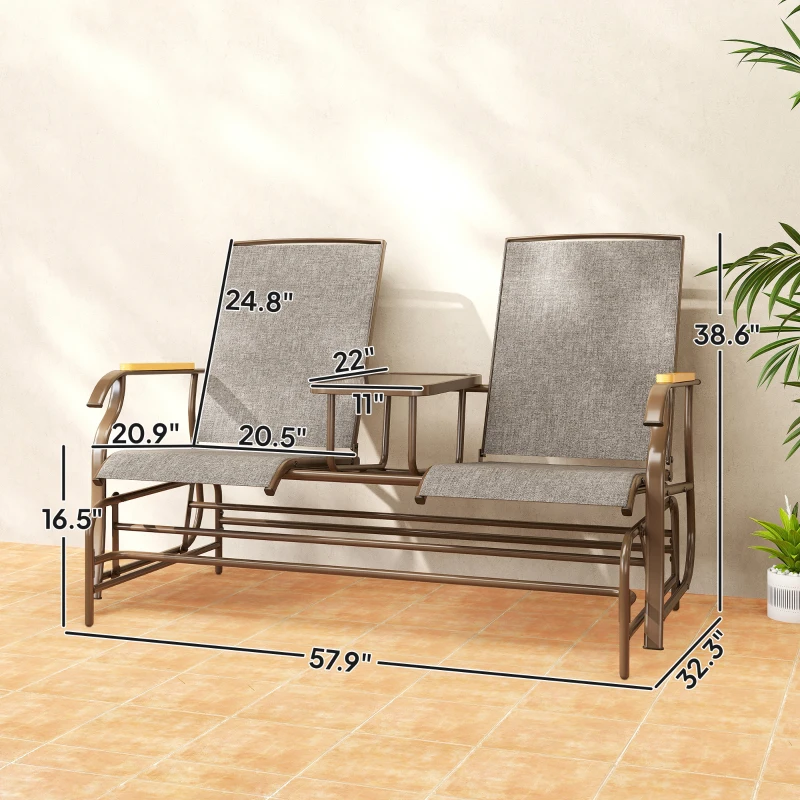 Outsunny Outdoor 2-Person Glider Bench, Outside Glider Swing Chair Loveseat with Table, Steel Frame, Light Mixed Brown