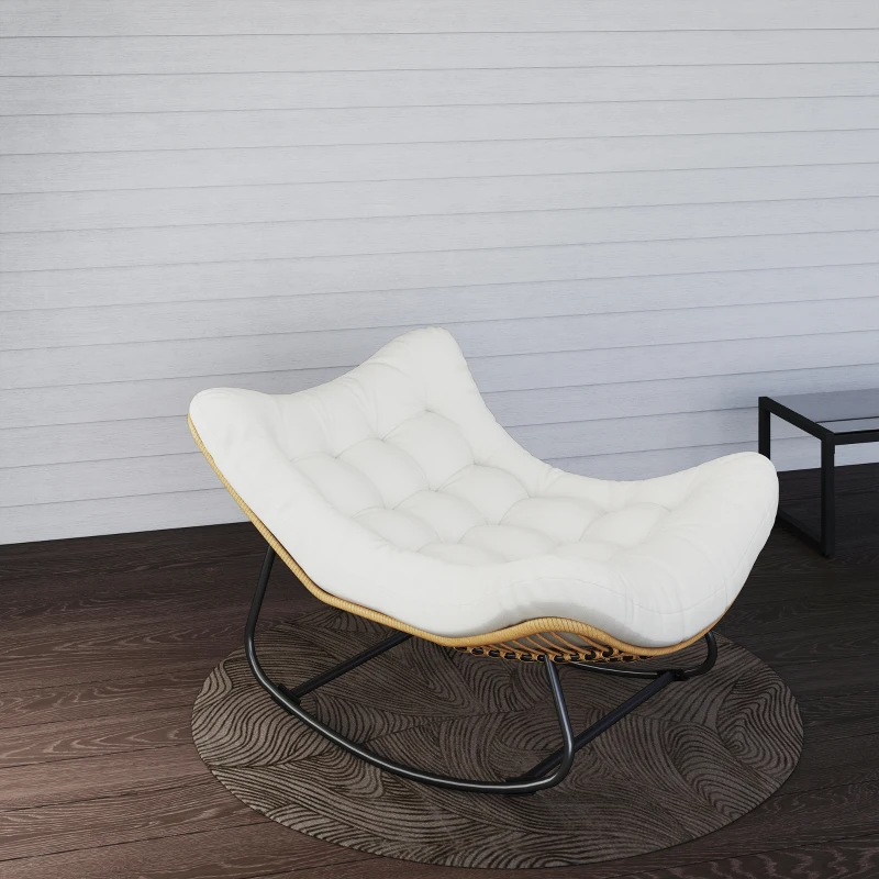 Outsunny Oversized Rattan Patio Egg Chair, Outdoor Rocking Chair with Padded Cushion for Indoor, Porch, Cream White