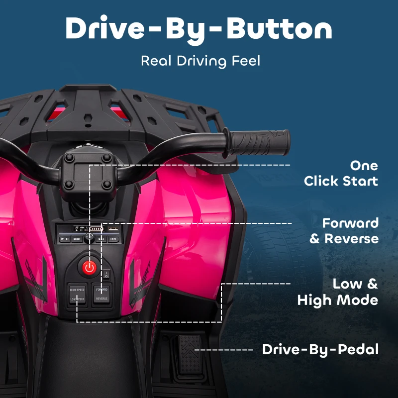 Qaba 12V Kids ATV, 4 Wheeler Quad w/ 4 Spring Suspension Wheels, LED Lights, Music USB, Pink