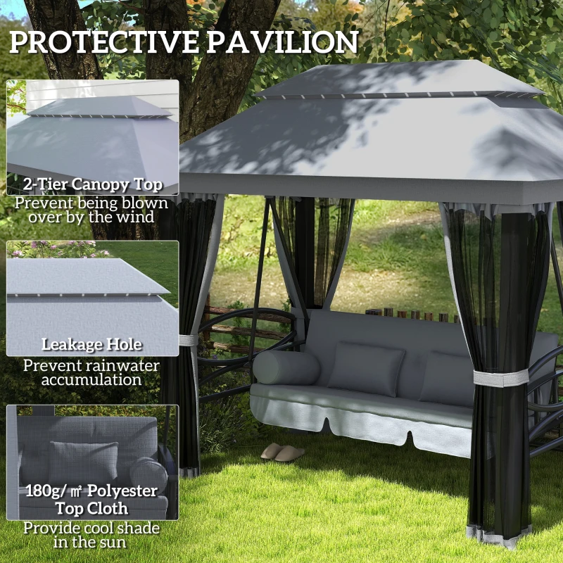 Outsunny 3-Seat Patio Swing Chair, Outdoor Gazebo Swing with Double Tier Canopy, Mesh Sidewalls, Cushioned Seat and Pillows, Gray