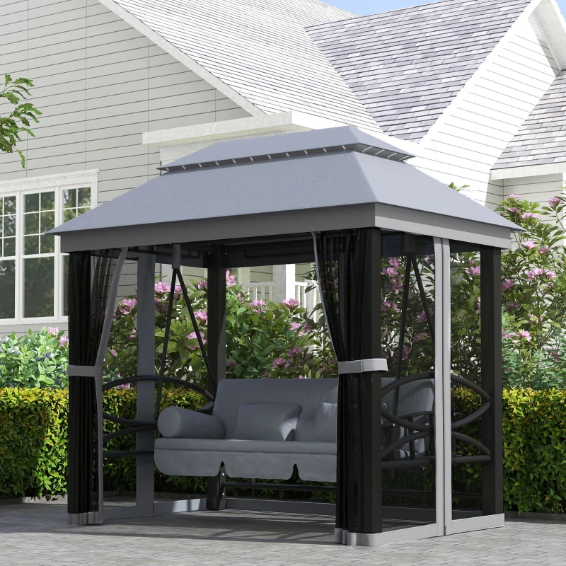 Outsunny 3-Seat Patio Swing Chair, Outdoor Gazebo Swing with Double Tier Canopy, Mesh Sidewalls, Cushioned Seat and Pillows, Gray