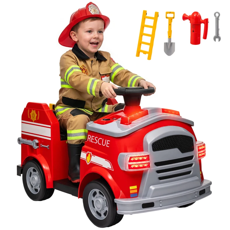 Qaba 12V Ride on Fire Truck with Siren, Flashing Lights Fire Extinguisher, Soft Start, Horn Music, Red