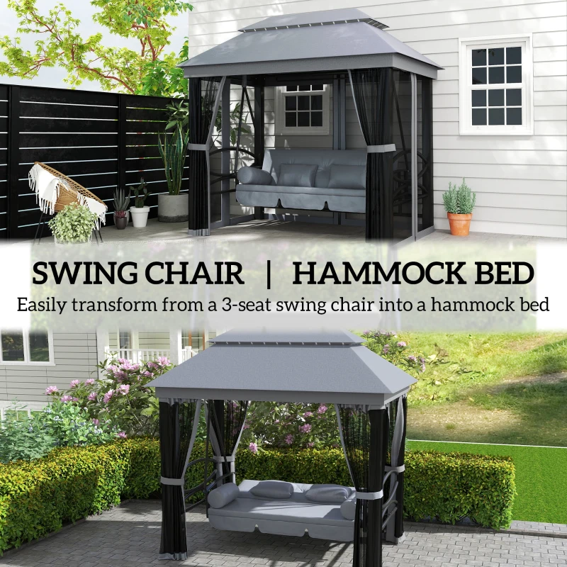 Outsunny 3-Seat Patio Swing Chair, Outdoor Gazebo Swing with Double Tier Canopy, Mesh Sidewalls, Cushioned Seat and Pillows, Gray