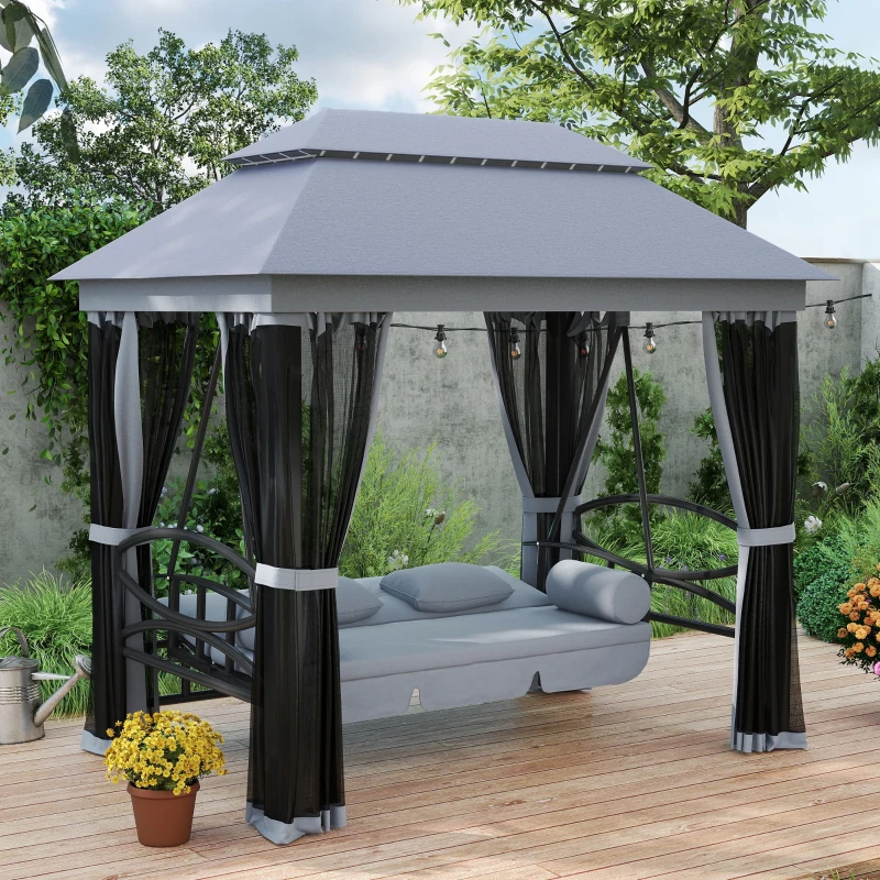 Outsunny 3-Seat Patio Swing Chair, Outdoor Gazebo Swing with Double Tier Canopy, Mesh Sidewalls, Cushioned Seat and Pillows, Gray