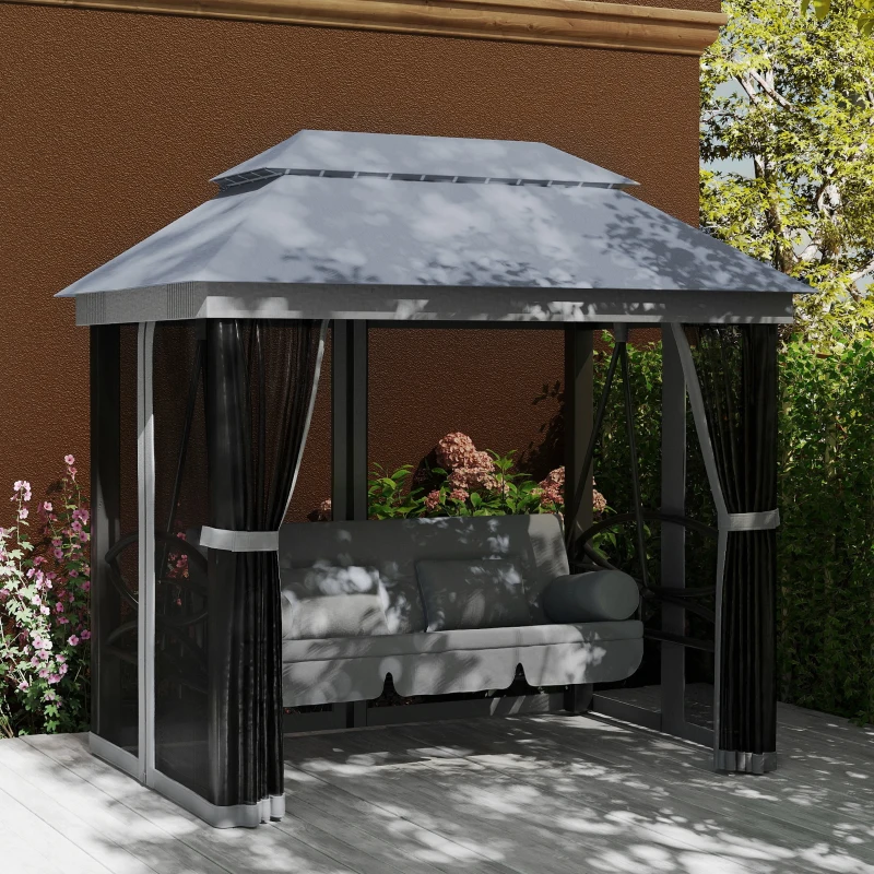 Outsunny 3-Seat Patio Swing Chair, Outdoor Gazebo Swing with Double Tier Canopy, Mesh Sidewalls, Cushioned Seat and Pillows, Gray
