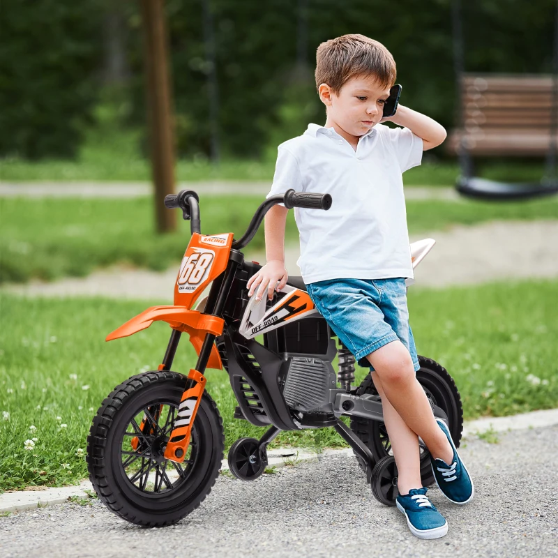Qaba 12V Kids Electric Motorcycle w/ Twist Grip Throttle, Training Wheels, Rear Suspension & Music, Orange
