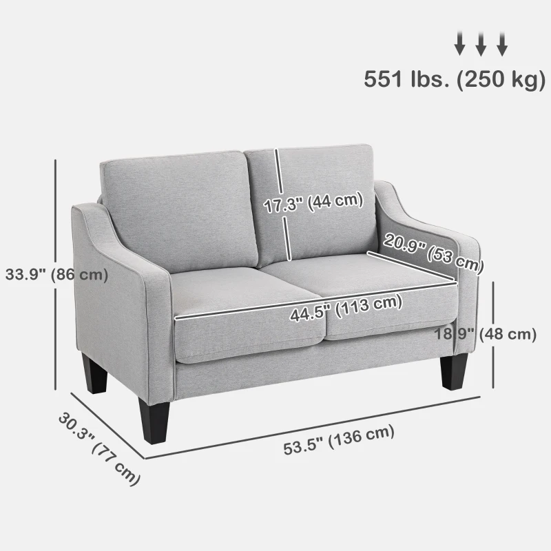 HOMCOM Loveseat Sofa, Modern Couch with Pocket Spring, Linen Upholstered, Thick Padded, Light Grey