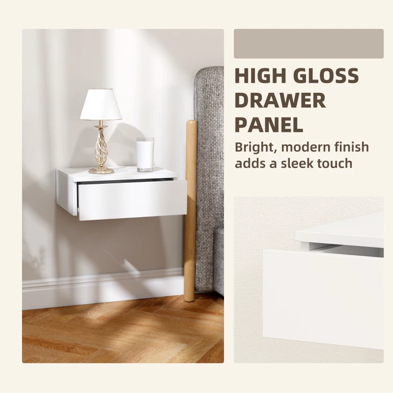 HOMCOM Set of 2 Wall Mounted Bedside Tables, Floating Nightstands with Drawer for Bedroom, White