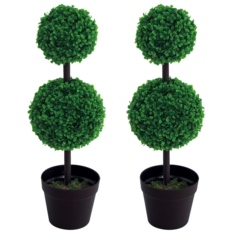 Outsunny 2 Ball Topiary Tree in Pot for Home Decor Set of 2, Artificial Plant for Home Office, Living Room Decor, Dark Green