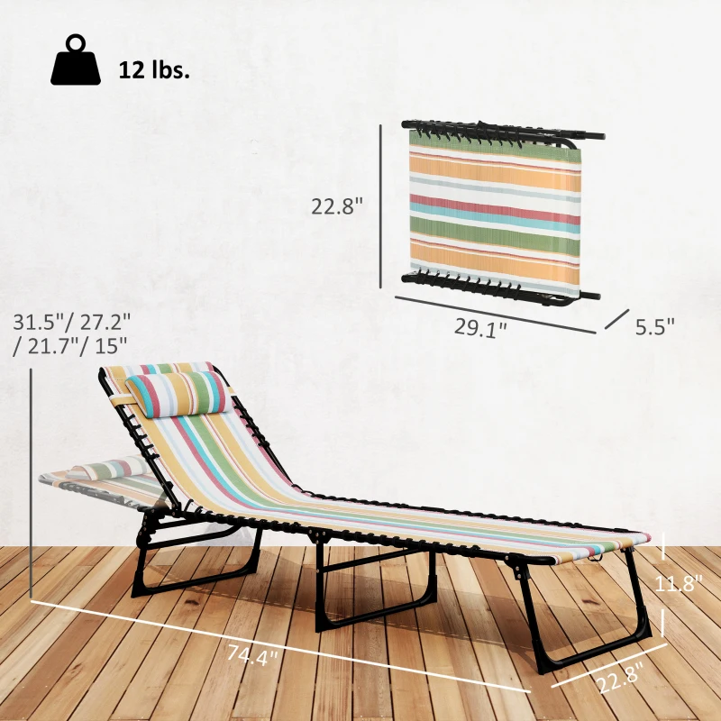 Outsunny Folding Chaise Lounge Pool Chair with 4-Position Reclining Back, Pillow, Breathable Mesh & Bungee Seat, Rainbow Striped