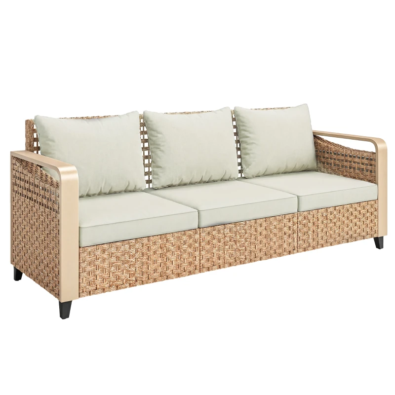 Outsunny Rattan Wicker Sofa 3-Seater Outdoor Patio Sofa with Cushions for Garden Backyard Porch Beige