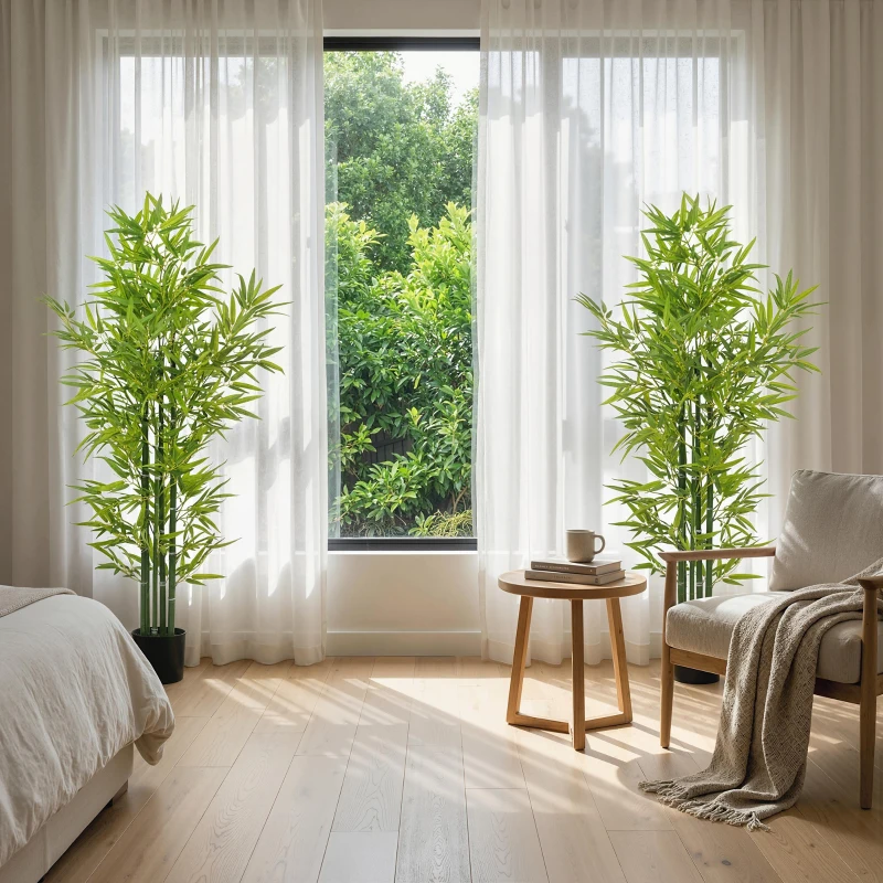 HOMCOM 5FT Artificial Bamboo Tree, Faux Decorative Plant in Nursery Pot for Indoor Decor, Set of 2