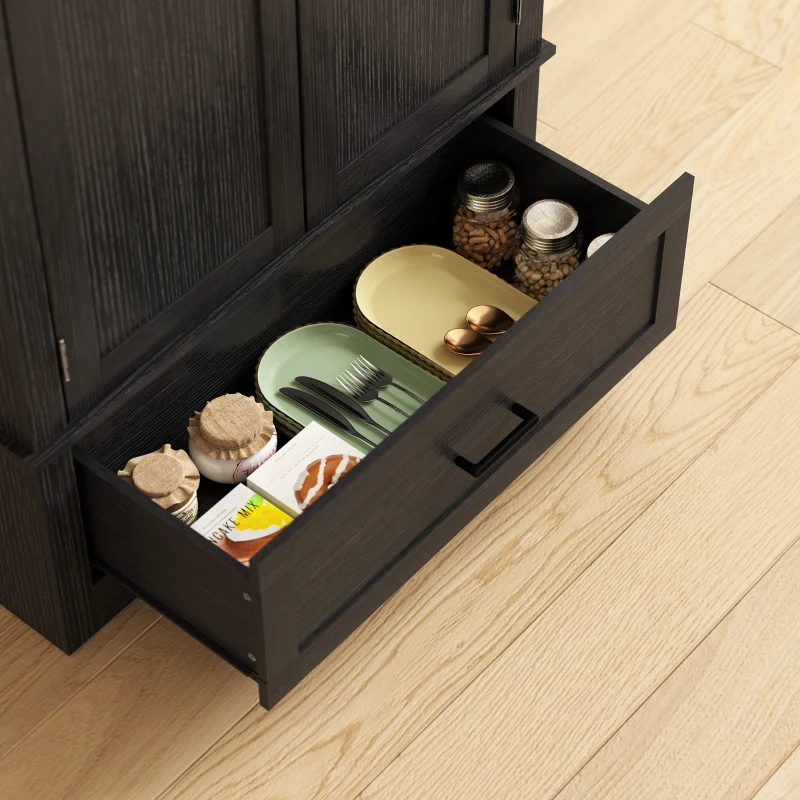 HOMCOM 69" Tall Farmhouse Kitchen Pantry Cabinet with 2 Doors, Drawer and Adjustable Shelves, Black and Brown