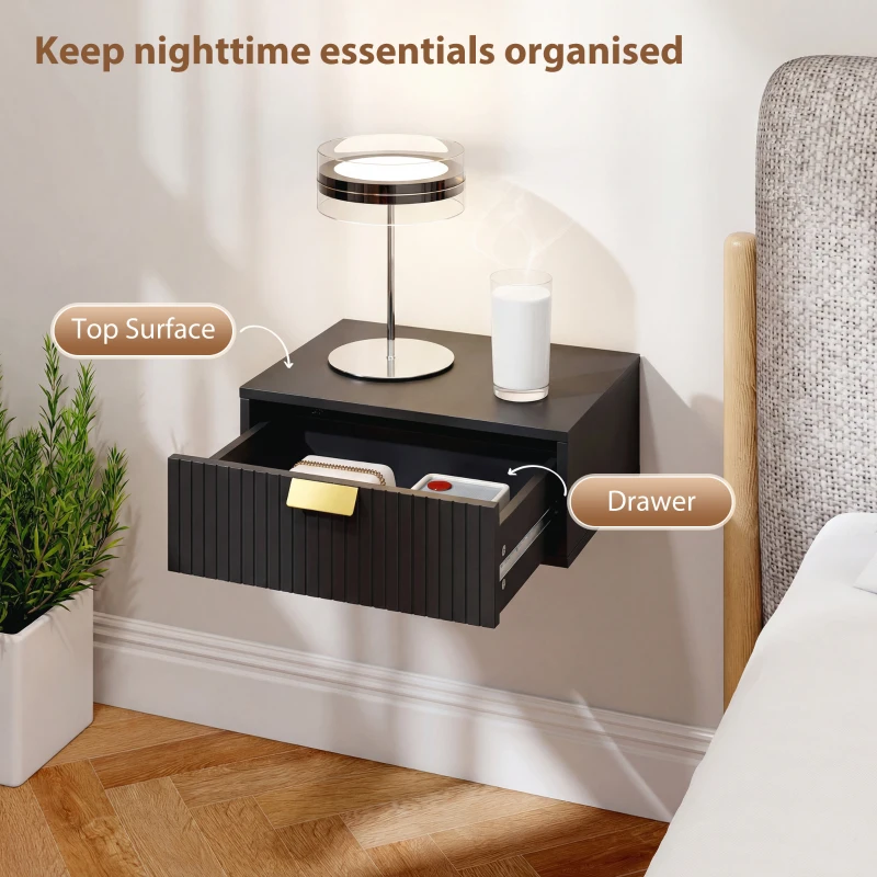 HOMCOM Modern Floating Nightstands Set of 2, Wall Mounted Bedside Tables with Wave Drawer Black