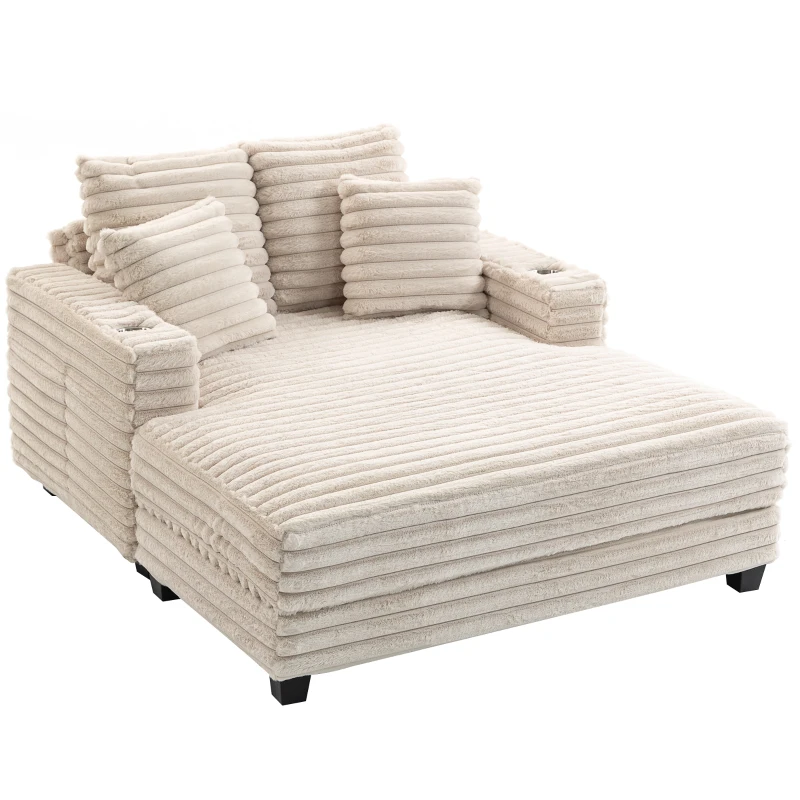 HOMCOM 60" Chaise Lounge Chair, Oversized Upholstered Sofa Bed with Cup Holders & Pillows, Sleeper Couch for Living Room, Beige