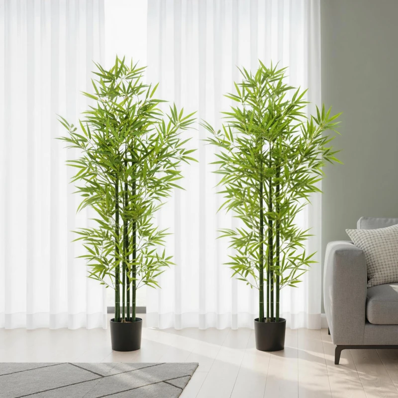 HOMCOM 5FT Artificial Bamboo Tree, Faux Decorative Plant in Nursery Pot for Indoor Decor, Set of 2
