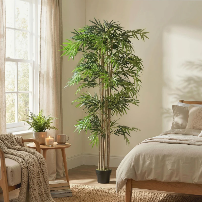 Outsunny 6FT Artificial Bamboo Tree, Fake Plant with 1530 Leaves, Greenery Plant in Nursery Pot for Indoor, Green