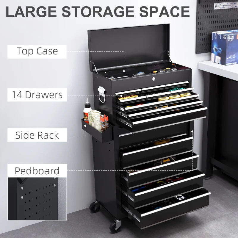 HOMCOM 14 Drawer Rolling Tool Chest, Lockable Tool Storage Cabinet with Detachable Top Toolbox, Protective Liner, Black