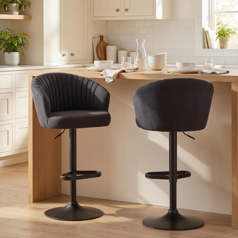 HOMCOM Adjustable Bar Stools Set of 2, Upholstered Kitchen Stools with Swivel Seat, Steel Frame, Footrest, ‎Black