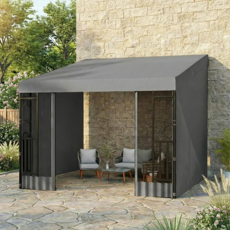 Outsunny 10' x 10' Wall Pergola, Outdoor Gazebo with 2 Curtains and 2 Nettings, UV Resistant, for Patio, Deck, Dark Grey
