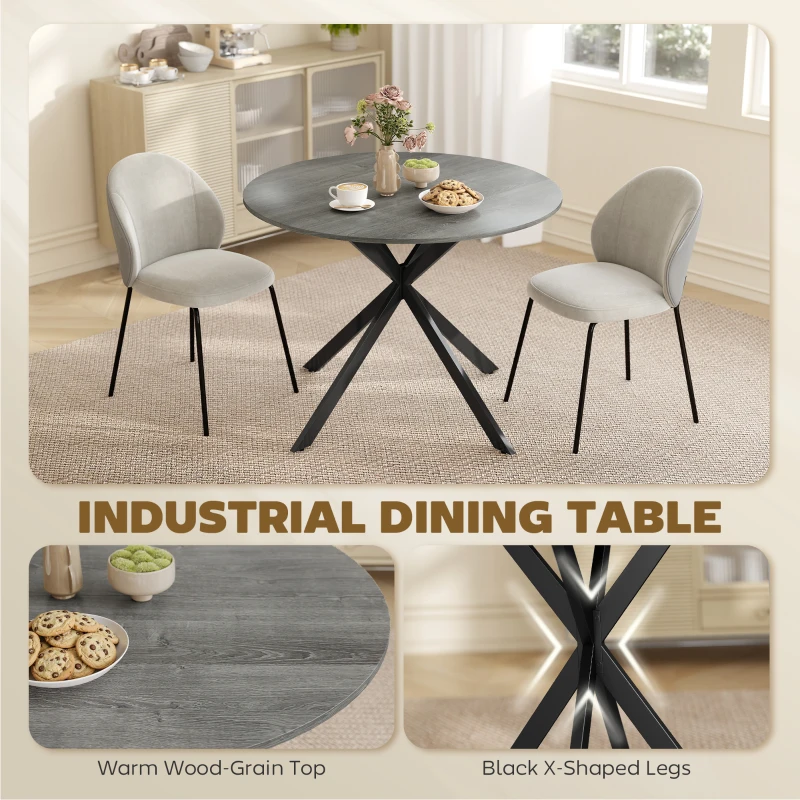 HOMCOM 40" Round Kitchen Table for 4, Industrial Dining Table with Steel Legs for Dining Room, Distressed Grey